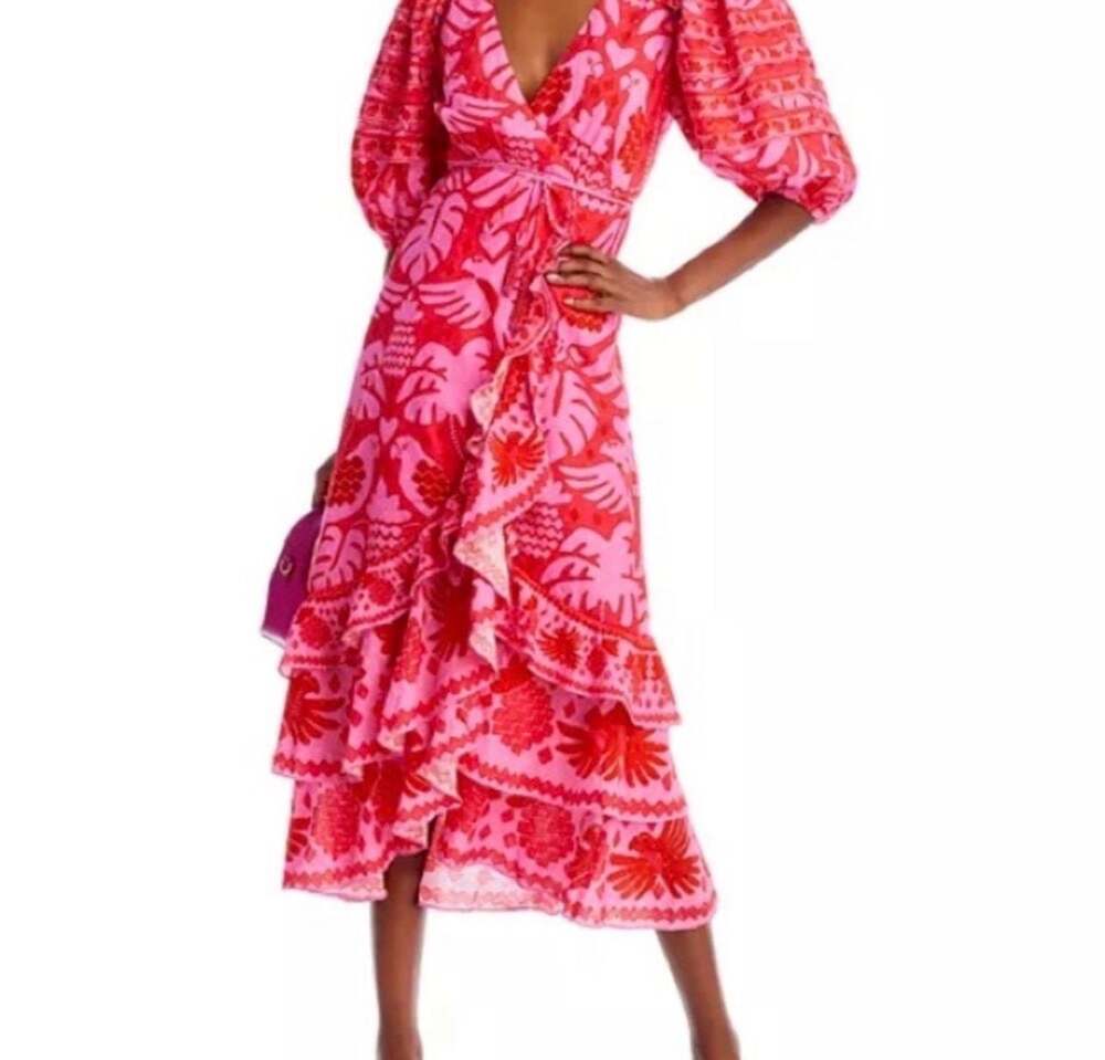 Farm Rio Pink Red Tropical Print Puff Sleeve Wrap Midi Dress Size S